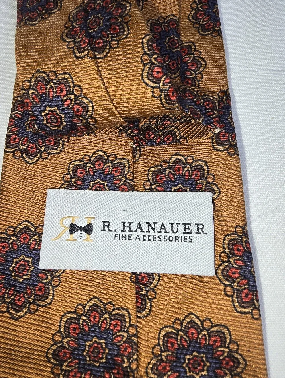 R. Hanauer Wool Silk Blend Men's Neck Tie Copper Brown Geometric Flowers